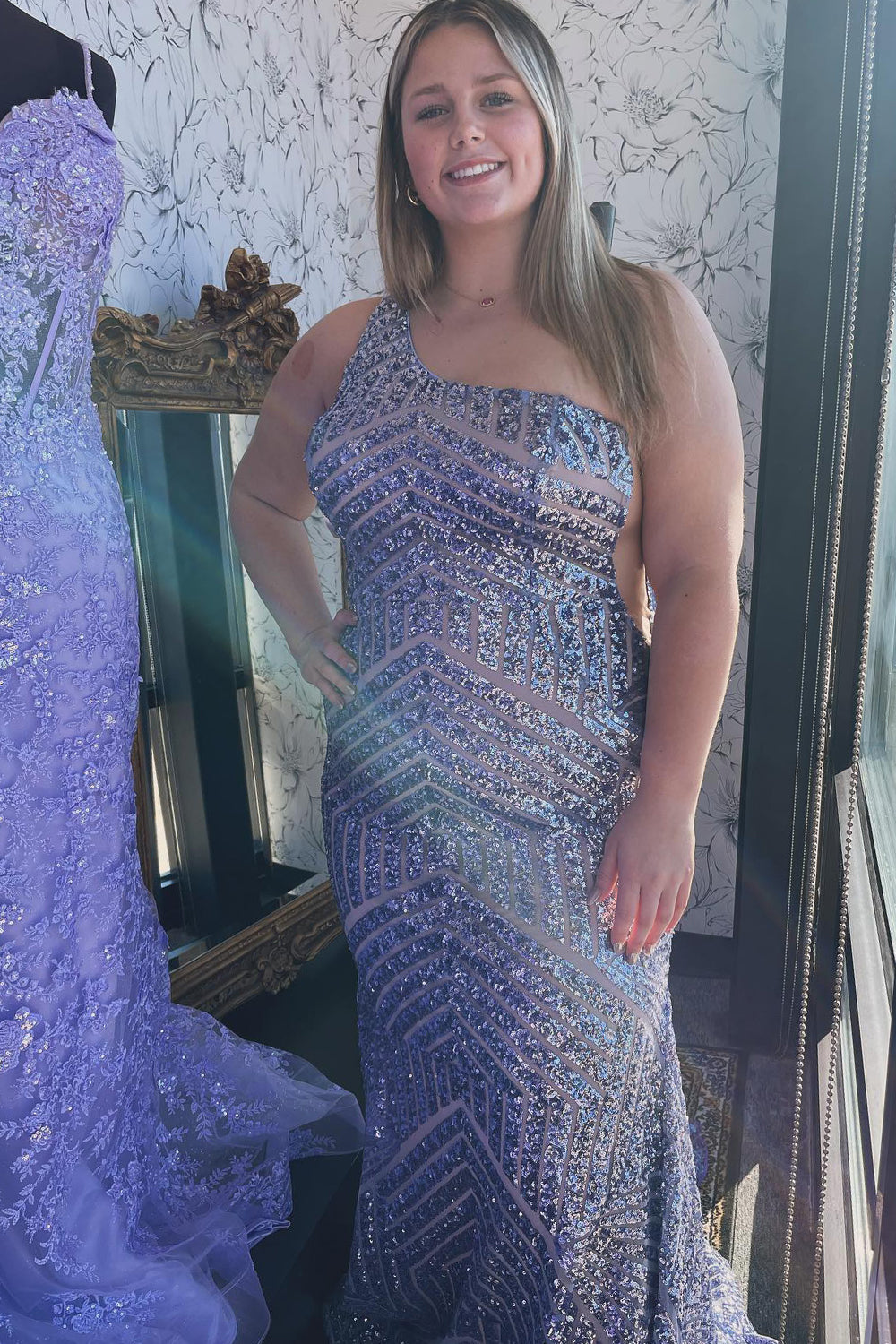 One Shoulder Prom Dress Sequined Mermaid Evening Dress Ivory and Pink