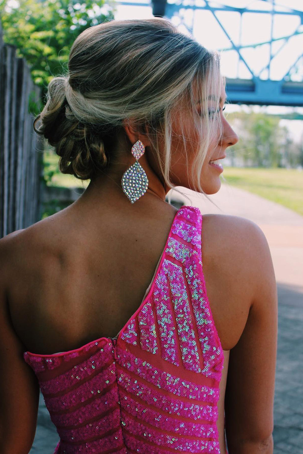 One Shoulder Prom Dress Sequined Mermaid Evening Dress Ivory and Pink