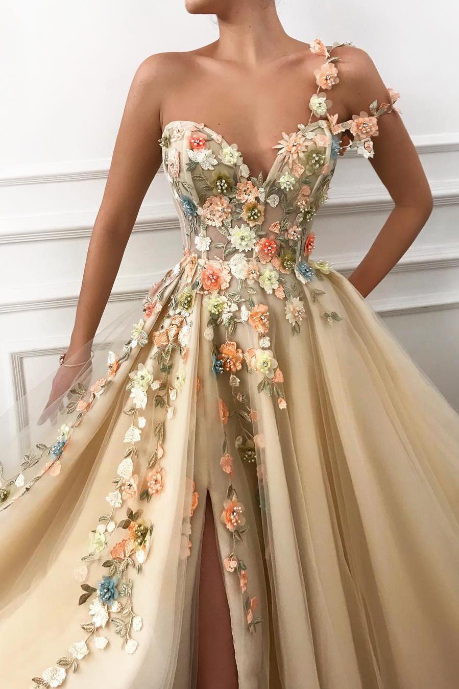 One Shoulder Prom Dress Tulle A Line Slit Evening Dress With Flowers