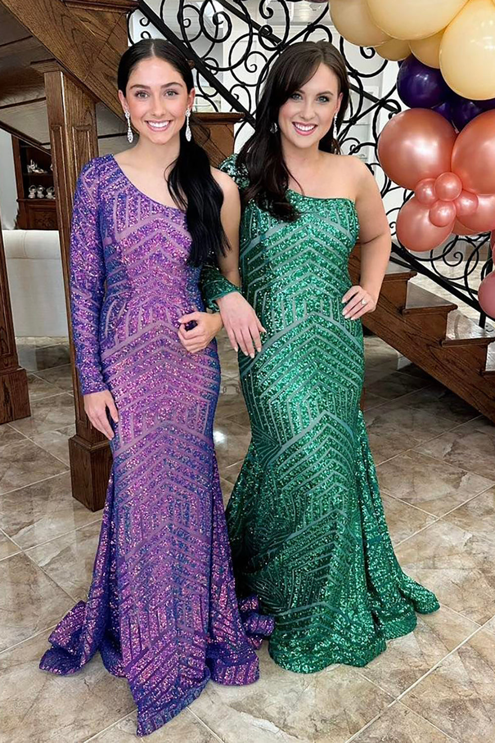 One Shoulder Purple Prom Dress Mermaid Evening Dress With Long Sleeves