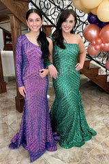 One Shoulder Purple Prom Dress Mermaid Evening Dress With Long Sleeves