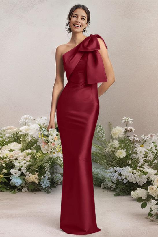 One Shoulder Satin Bridesmaid Dresses With Bows