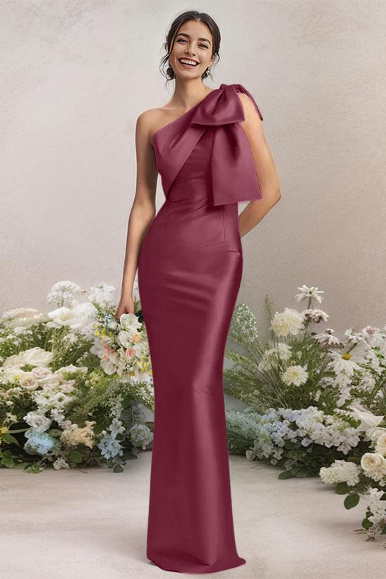 One Shoulder Satin Bridesmaid Dresses With Bows