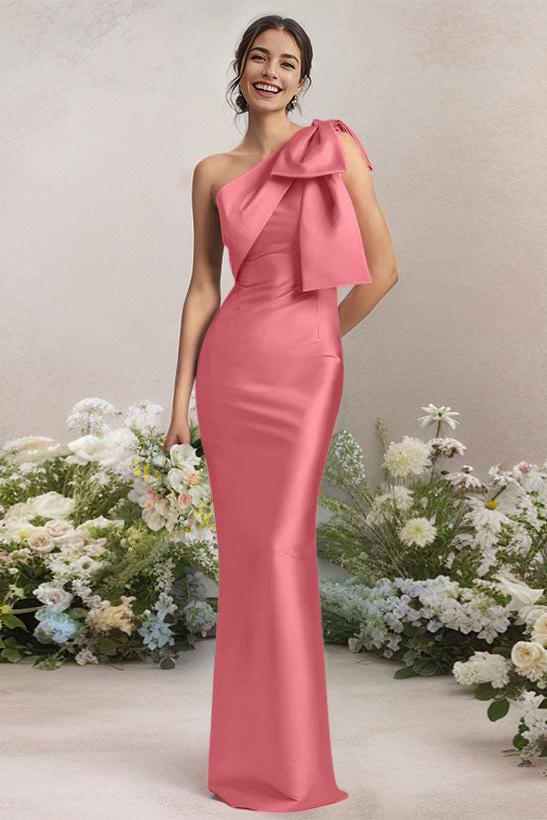 One Shoulder Satin Bridesmaid Dresses With Bows