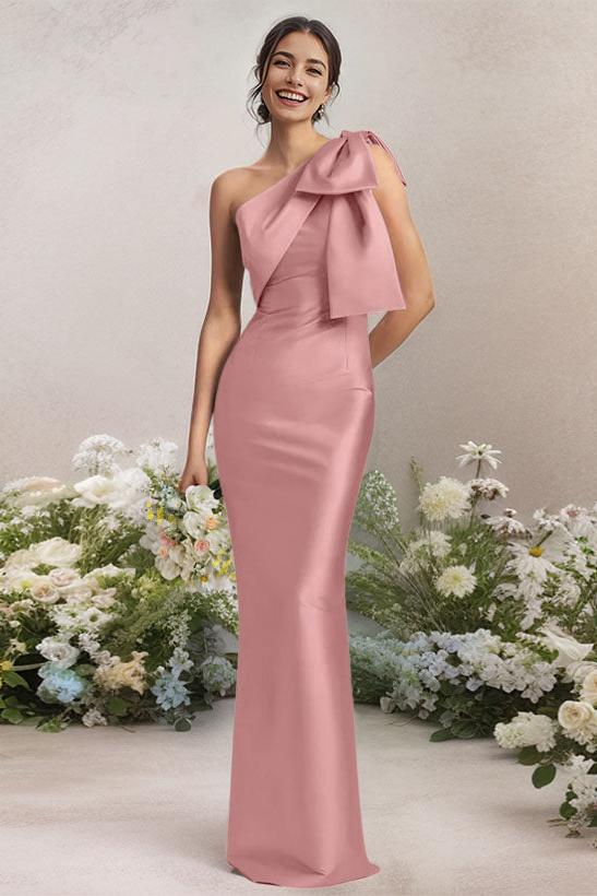 One Shoulder Satin Bridesmaid Dresses With Bows