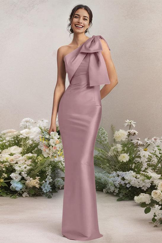 One Shoulder Satin Bridesmaid Dresses With Bows