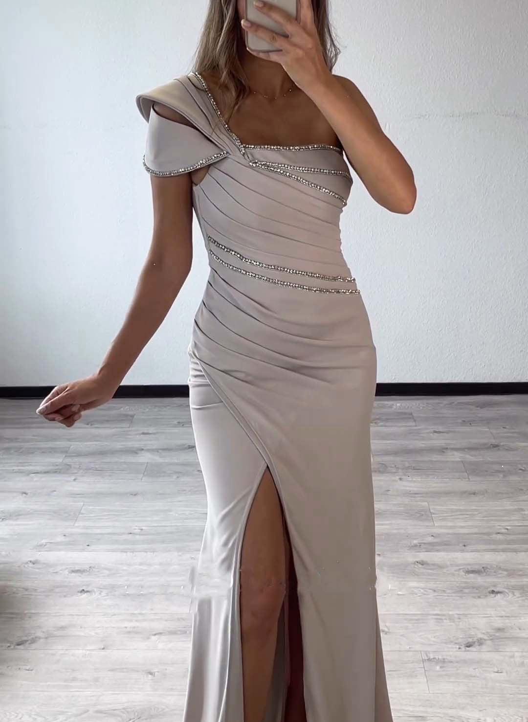 One Shoulder Satin Prom Dress Beaded Mermaid Evening Formal Gown