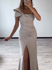 One Shoulder Satin Prom Dress Beaded Mermaid Evening Formal Gown