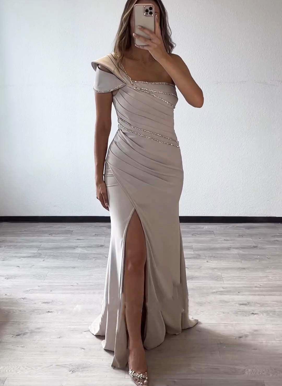 One Shoulder Satin Prom Dress Beaded Mermaid Evening Formal Gown