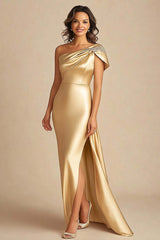 One Shoulder Sheath Gold Long Formal Dress With Slit