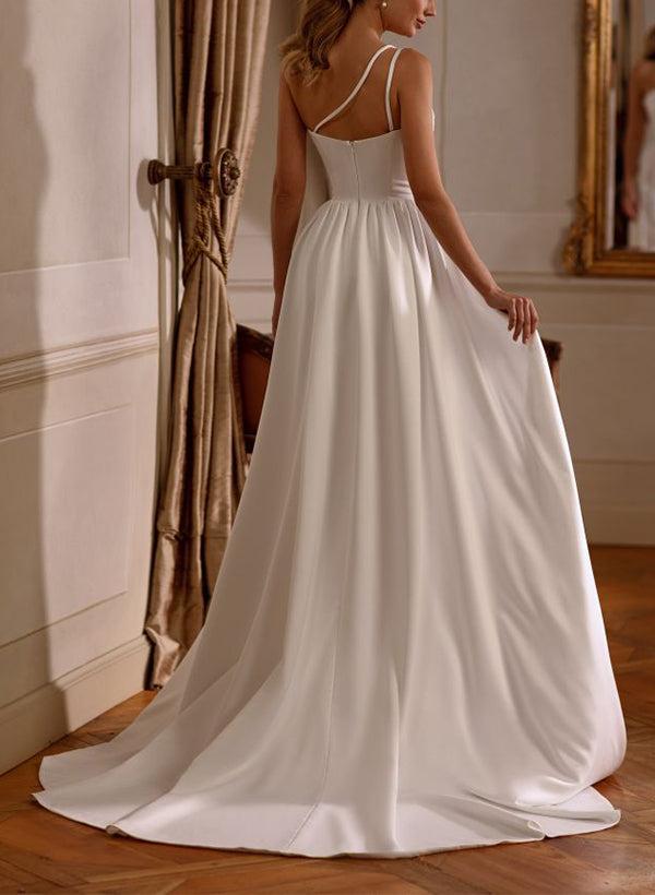 One-Shoulder Sheath/Column Beach Wedding Dresses With Train and Split Front