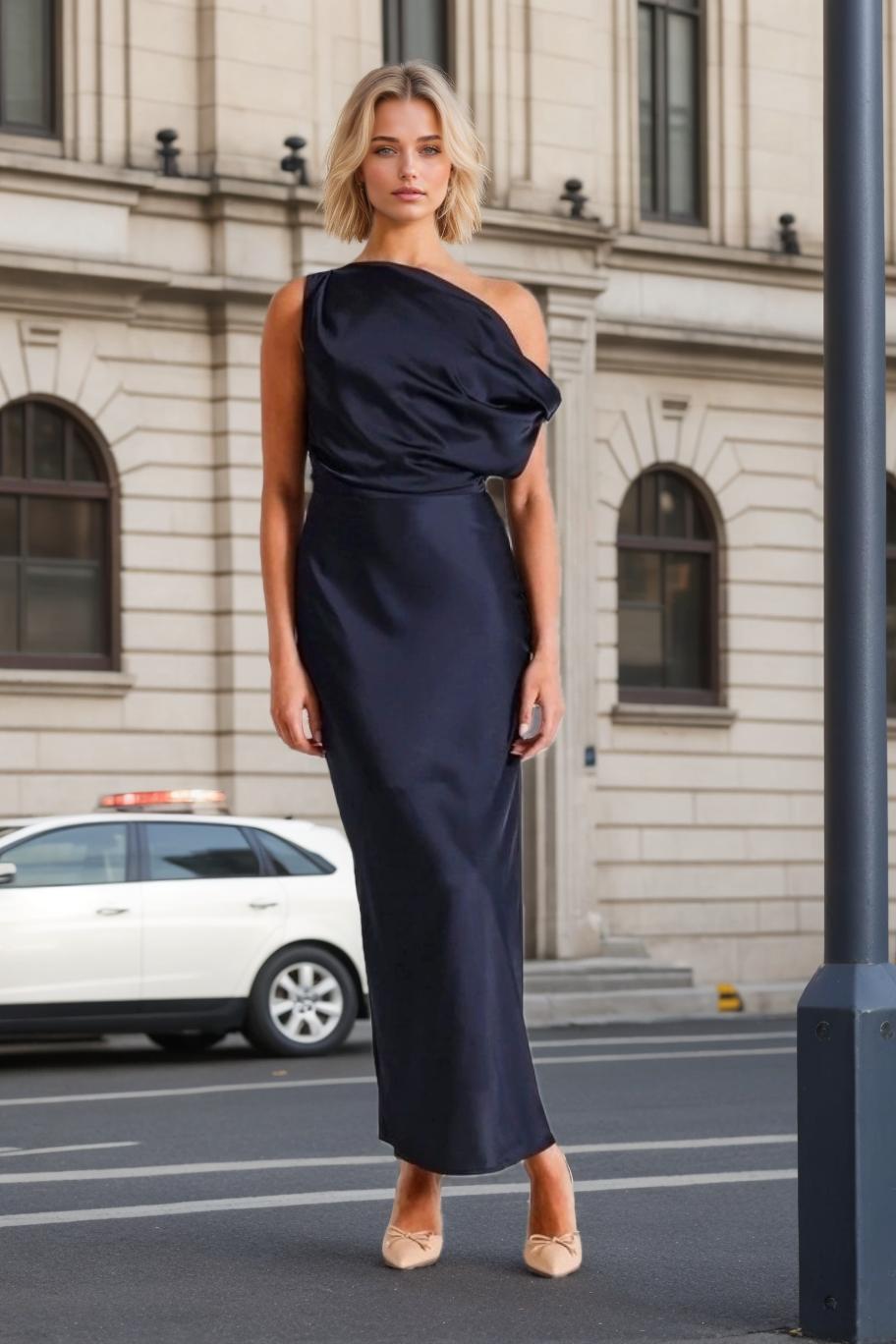 One-Shoulder Sleeveless Ankle-Length Ruffled Mother of the Bride Sheath Dress