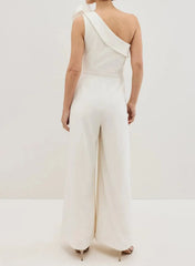 One Shoulder Sleeveless Floor Length Elastic Satin Wedding Jumpsuit with Flowers