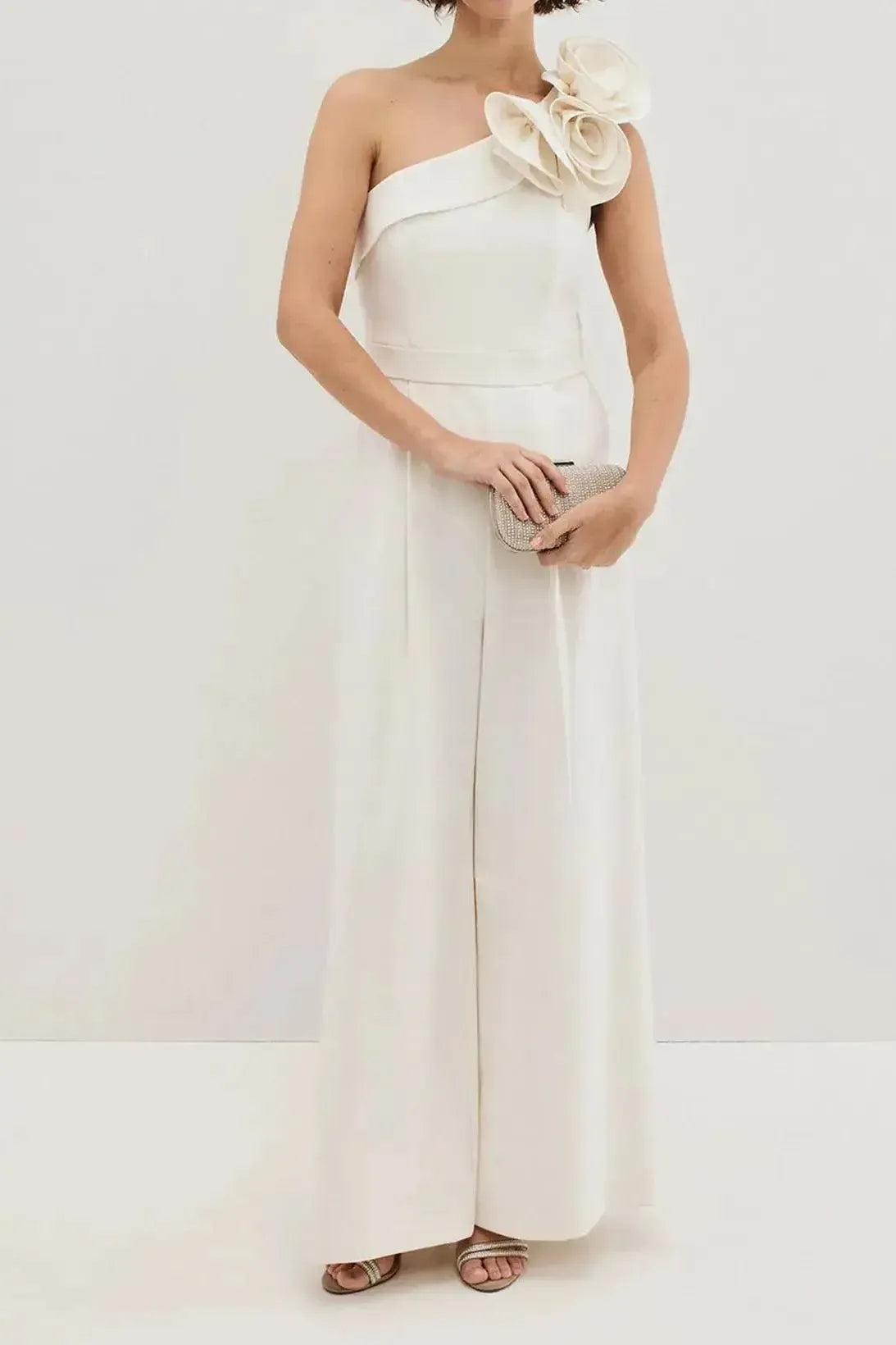 One Shoulder Sleeveless Floor Length Elastic Satin Wedding Jumpsuit with Flowers