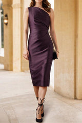 One-Shoulder Sleeveless Tea-Length Sheath Dress for the Mother of the Bride