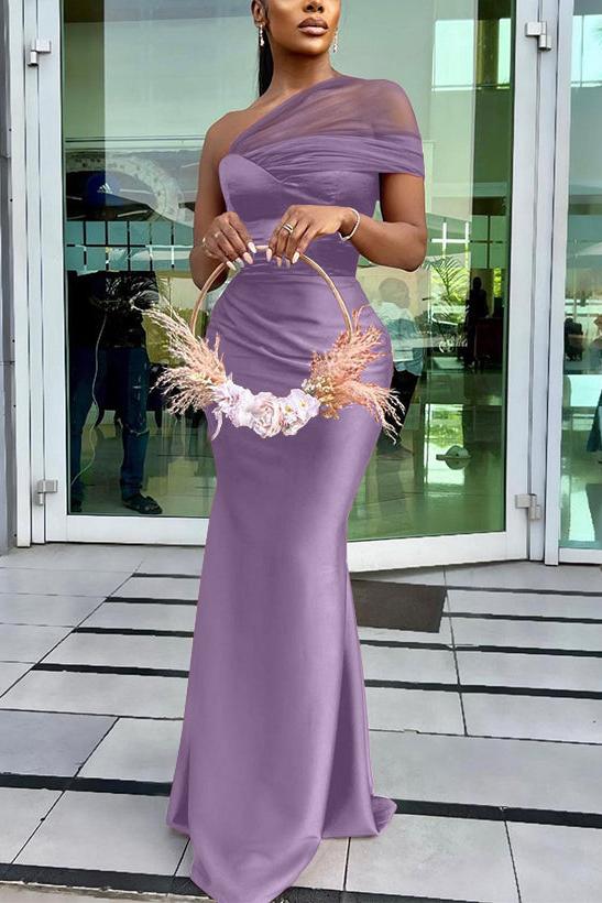 One Shoulder Trumpet/Mermaid Sleeveless Satin/Tulle Bridesmaid Dresses