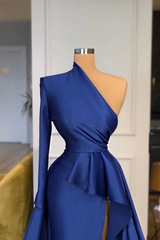 One Shoulder Long Sleeve Prom Dress Formal Dress with Panel Train