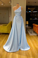 One Shoulder Prom Dress Light Blue Sheath/Column Formal Dress with Panel Train