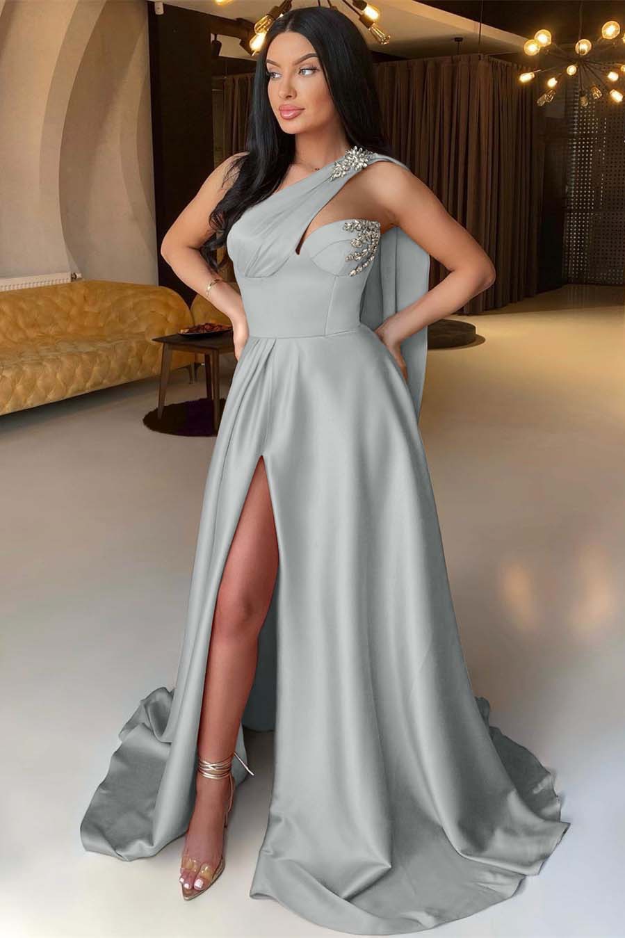 Orange A Line Prom Dress Sleeveless One Shoulder Beaded Evening Dress