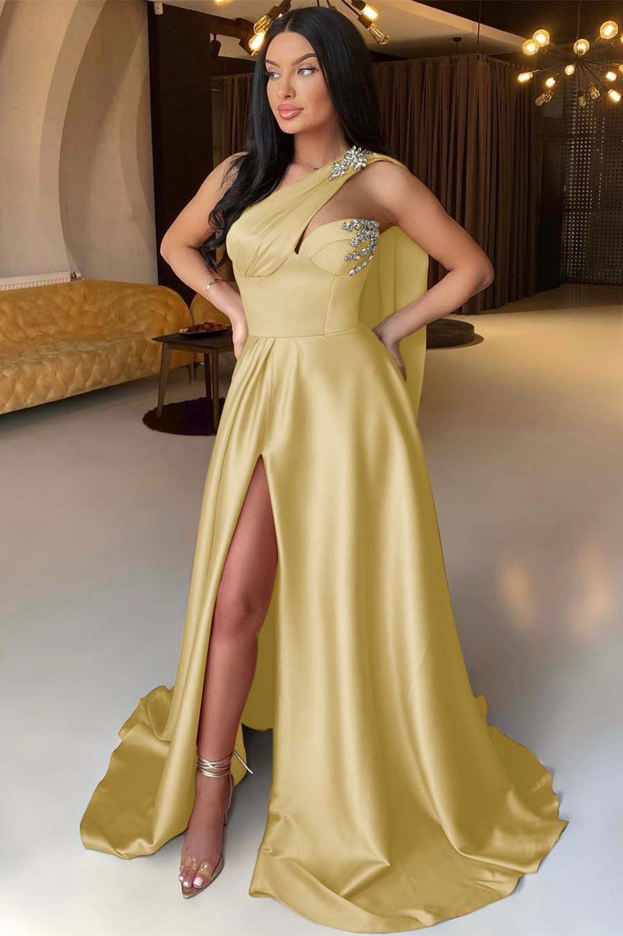 Orange A Line Prom Dress Sleeveless One Shoulder Beaded Evening Dress
