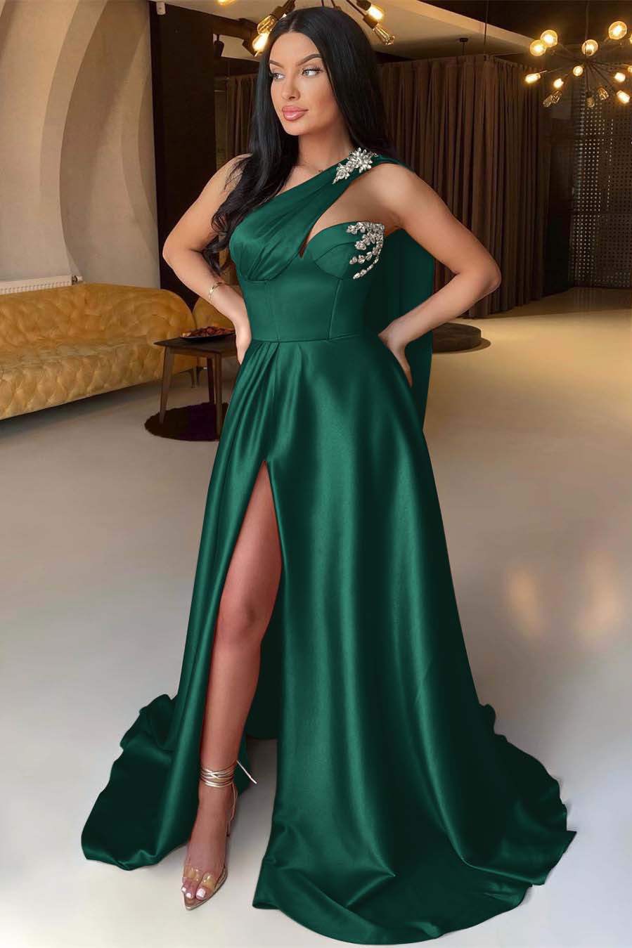 Orange A Line Prom Dress Sleeveless One Shoulder Beaded Evening Dress