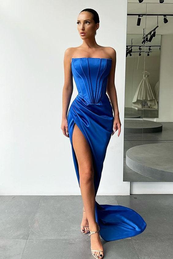 Orange High Split Strapless Pleats Prom Dress With Court Train