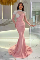 Orange Mermaid High Neck Formal Dress With Sleeves