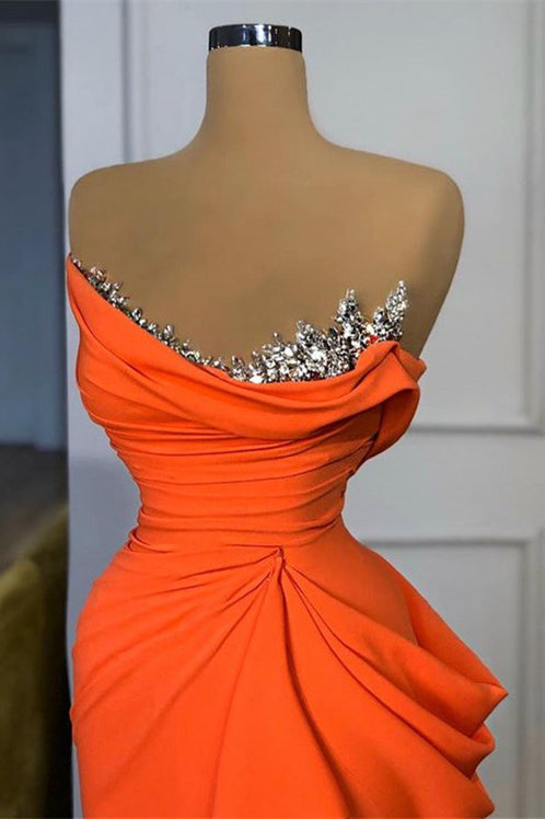 Orange Mermaid Prom Dress Sleeveless Strapless Beaded Evening Dress