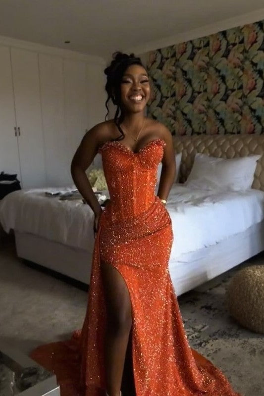 Orange Mermaid Prom Dress Sleeveless Sweetheart Sequined Evening Dress