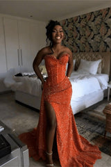 Orange Mermaid Prom Dress Sleeveless Sweetheart Sequined Evening Dress