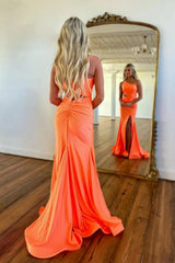Orange One Shoulder Satin Mermaid Prom Dress With Cutout Waist And Slit Formal Evening Gown