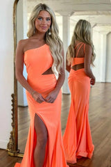 Orange One Shoulder Satin Mermaid Prom Dress With Cutout Waist And Slit Formal Evening Gown