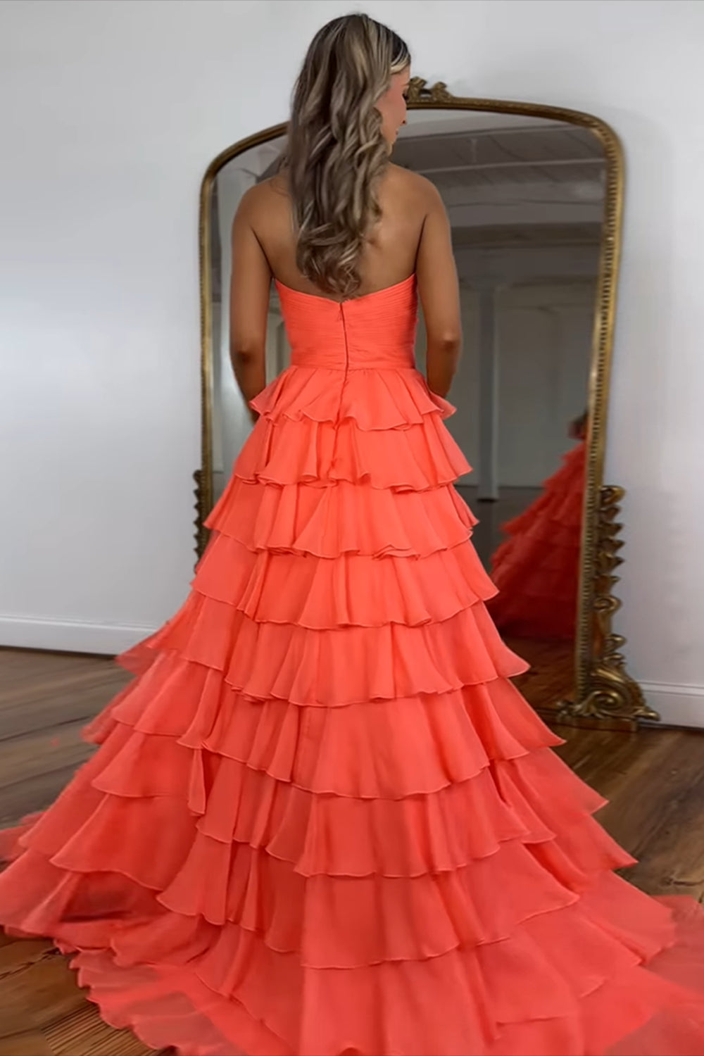 Orange Prom Dress A Line Sweetheart Long Formal Dress With Ruffles