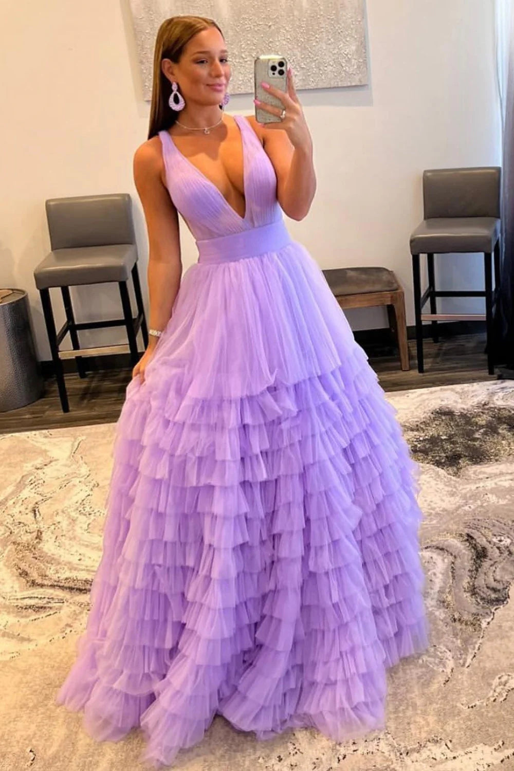 Orange Prom Dress Deep V Neck Tiered Evening Dress