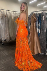 Orange Prom Dress Floral Mermaid Off The Shoulder Long Evening Dress With Slit