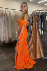 Orange Prom Dress Floral Mermaid Off The Shoulder Long Evening Dress With Slit