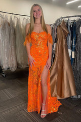 Orange Prom Dress Floral Mermaid Off The Shoulder Long Evening Dress With Slit