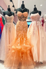 Orange Prom Dress Floral Mermaid Ruffles Spaghetti Straps Long Evening Dress