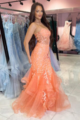 Orange Prom Dress Floral Mermaid Ruffles Spaghetti Straps Long Evening Dress