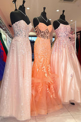Orange Prom Dress Floral Mermaid Ruffles Spaghetti Straps Long Evening Dress