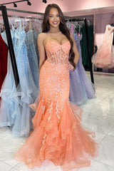 Orange Prom Dress Floral Mermaid Ruffles Spaghetti Straps Long Evening Dress