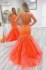 Orange Prom Dress Floral Mermaid Spaghetti Straps Long Evening Dress