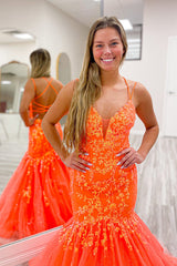Orange Prom Dress Floral Mermaid Spaghetti Straps Long Evening Dress