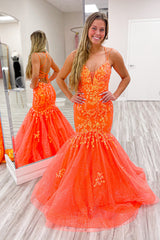Orange Prom Dress Floral Mermaid Spaghetti Straps Long Evening Dress