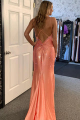 Orange Prom Dress Mermaid Beaded Lace-Up Back Long Evening Dress
