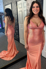 Orange Prom Dress Mermaid Beaded Lace-Up Back Long Evening Dress