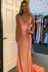 Orange Prom Dress Mermaid Beaded Lace-Up Back Long Evening Dress