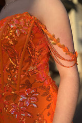 Orange Prom Dress Mermaid Off the Shoulder Corset Evening Dress with Slit