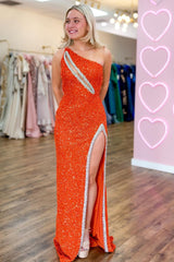 Orange Prom Dress Mermaid One Shoulder Long Evening Dress With Slit
