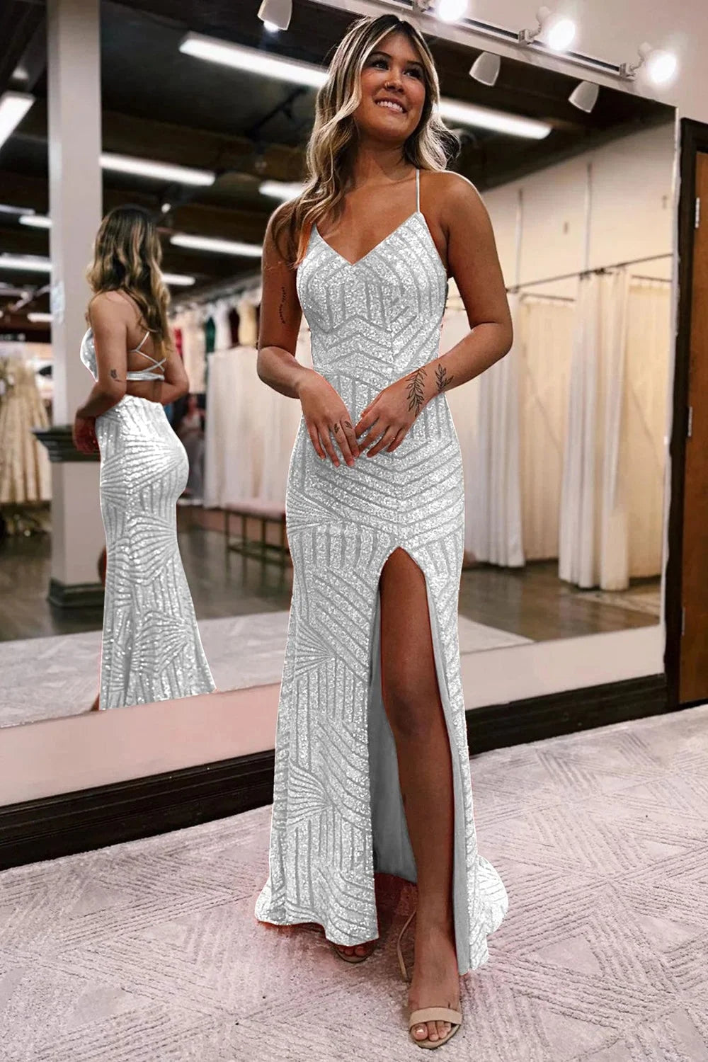 Orange Prom Dress Open Back Sequined Long Evening Dress with Slit